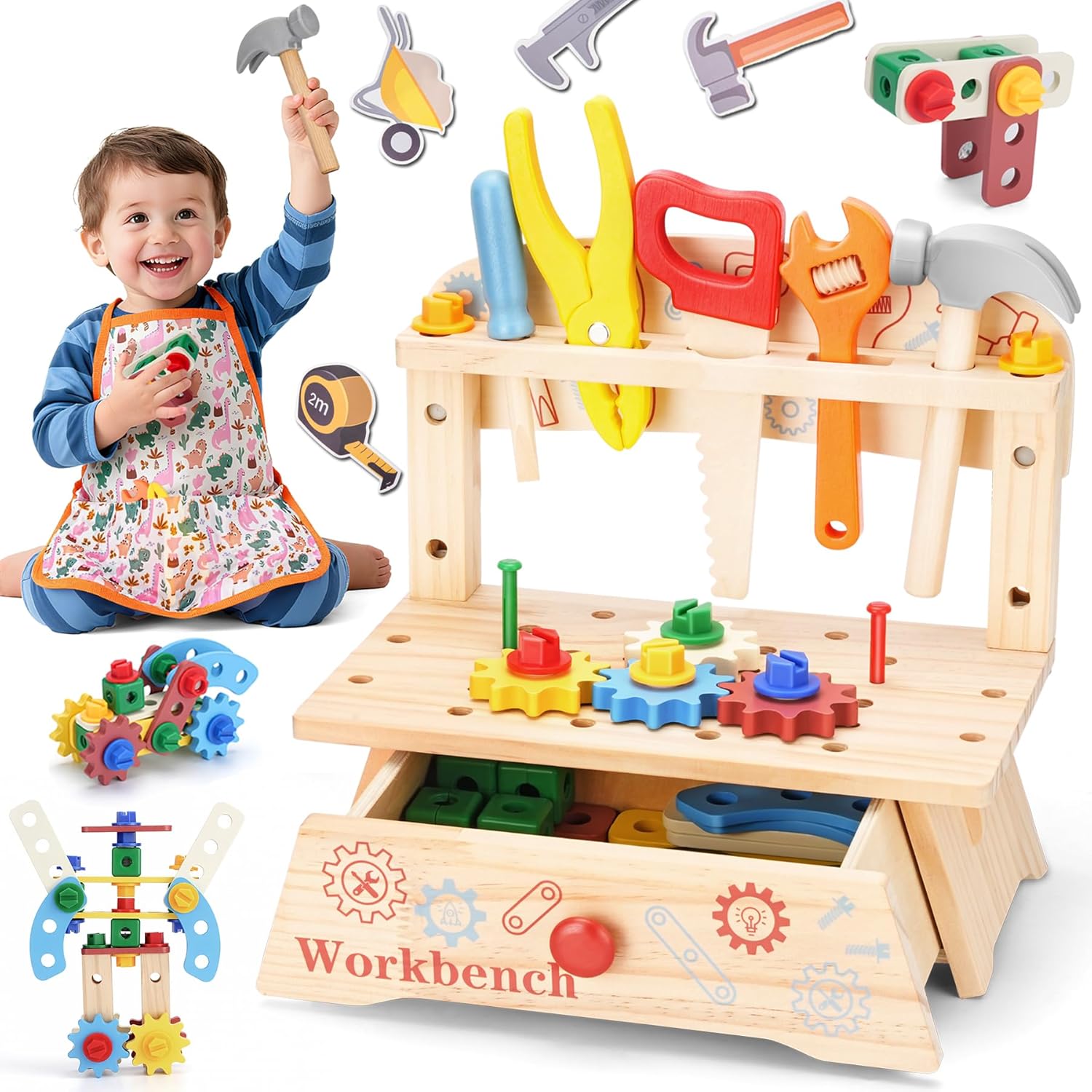 Gardening Tools Girls - 子供用木製ツールベンチ、モンテッソーリ教育ごっこ遊び建設玩具、男の子と女の子のためのアクティビティギフト建設玩具