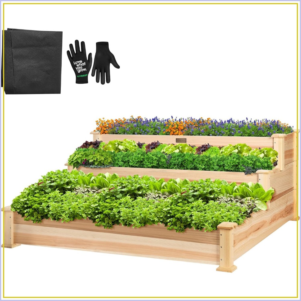 Gardening Tools Images - 3段式木製屋外菜園プランターボックスキット 48x48x21cm - 2-in-1 スタック式または平置き式、3段の深さレベル、工具不要組み立て