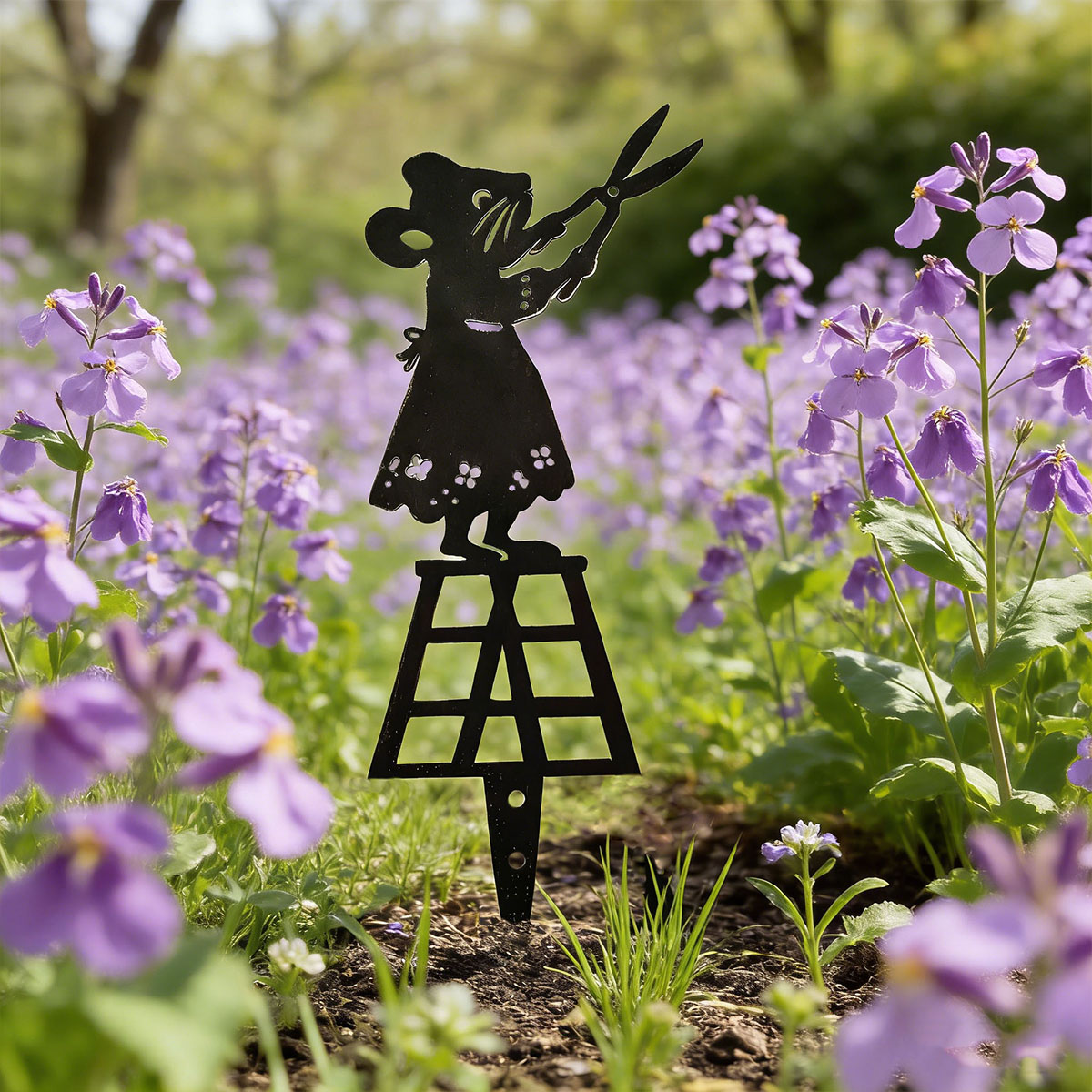 Gardening Tools Vegetables - ブラックシルエットラインメタルガーデンコラム、ハサミ付きマウスデザイン、装飾アート芝生サイン、クリエイティブな動物彫刻メタルオーナメント、フラワーポット、庭園、テーブルトップに最適