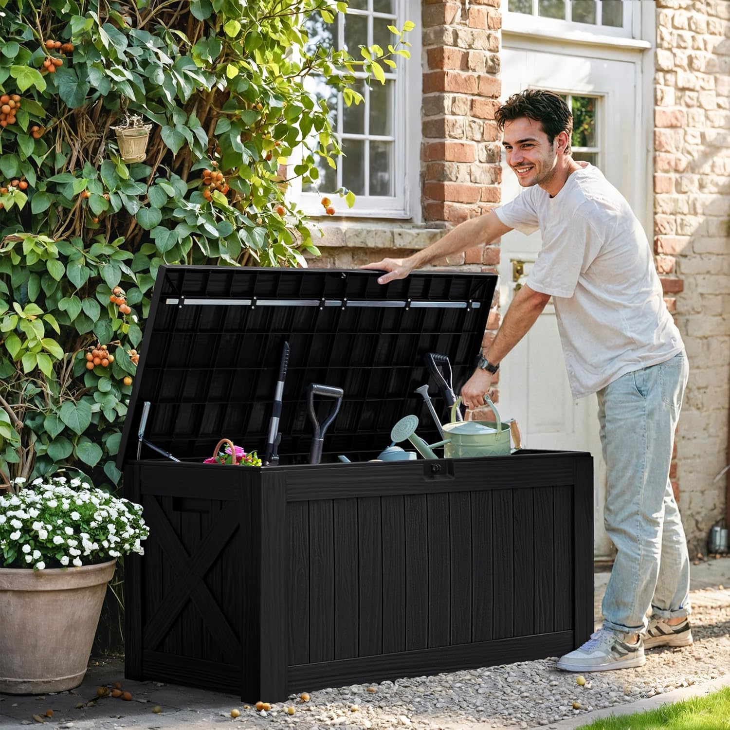 120ガロンの木目調デッキボックス、樹脂製屋外収納庫（パティ - Gardening Tools Images のレビューと価格