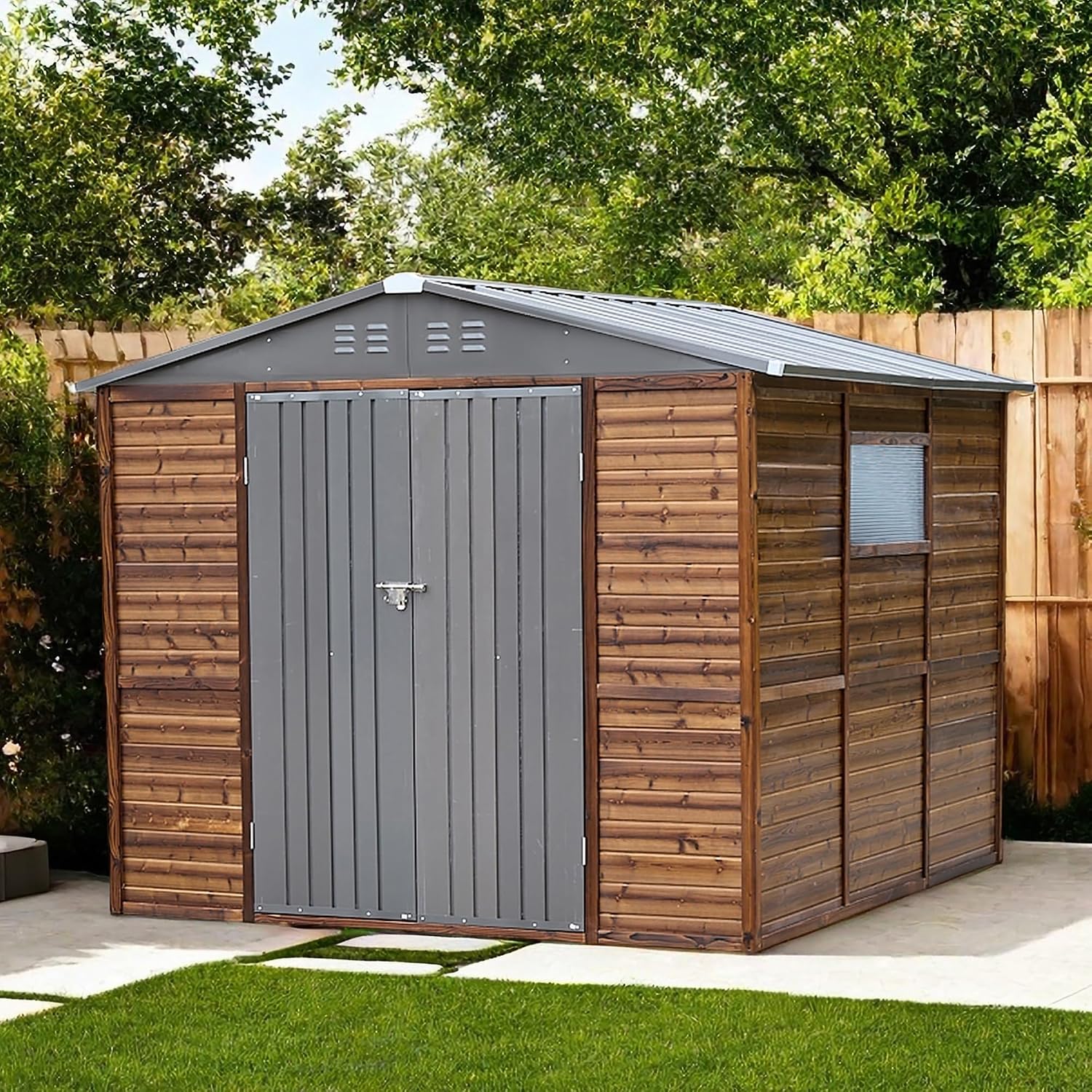 8x8フィートの屋外用木製＆金属製収納庫、防水仕様、窓と4つ - Gardening Tools In のレビューと価格